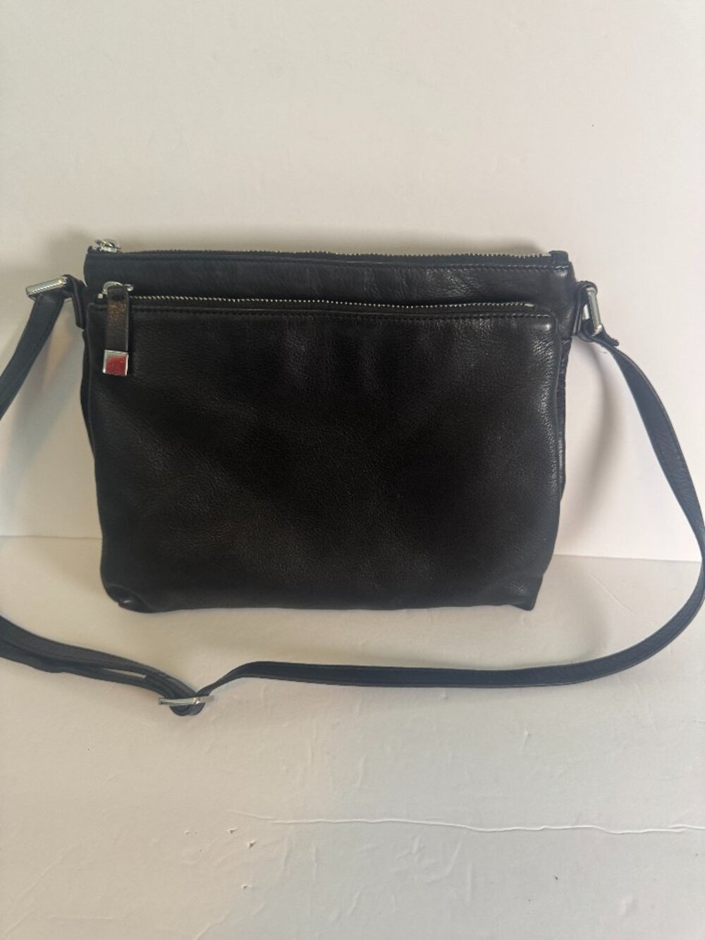 Margot New York Kenzie Black Pebbled Leather Crossbody Bag Multi-Zip Purse